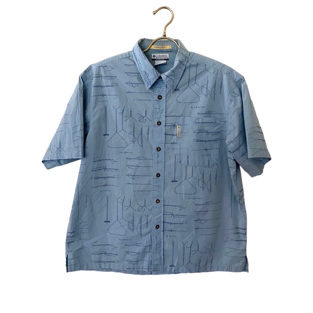 Columbia River Lodge Fly Fishing Ties Blue Button Down Short Sleeve Mens L